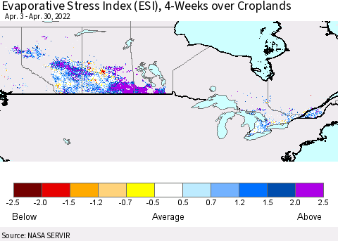 Canada Evaporative Stress Index (ESI), 4-Weeks over Croplands Thematic Map For 4/25/2022 - 5/1/2022