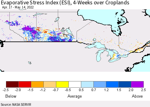 Canada Evaporative Stress Index (ESI), 4-Weeks over Croplands Thematic Map For 5/9/2022 - 5/15/2022