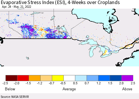Canada Evaporative Stress Index (ESI), 4-Weeks over Croplands Thematic Map For 5/16/2022 - 5/22/2022