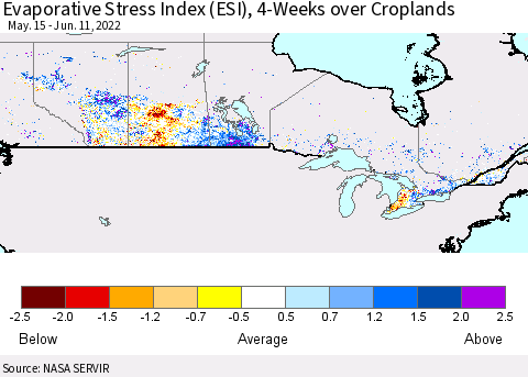 Canada Evaporative Stress Index (ESI), 4-Weeks over Croplands Thematic Map For 6/6/2022 - 6/12/2022