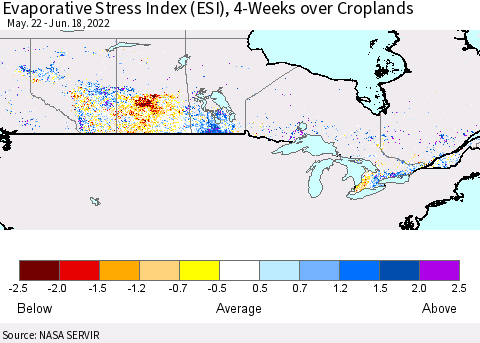 Canada Evaporative Stress Index (ESI), 4-Weeks over Croplands Thematic Map For 6/13/2022 - 6/19/2022