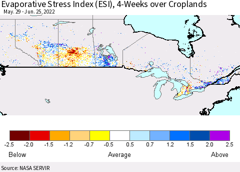 Canada Evaporative Stress Index (ESI), 4-Weeks over Croplands Thematic Map For 6/20/2022 - 6/26/2022