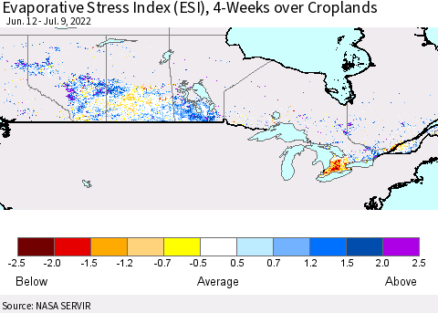 Canada Evaporative Stress Index (ESI), 4-Weeks over Croplands Thematic Map For 7/4/2022 - 7/10/2022