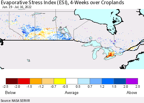 Canada Evaporative Stress Index (ESI), 4-Weeks over Croplands Thematic Map For 7/11/2022 - 7/17/2022