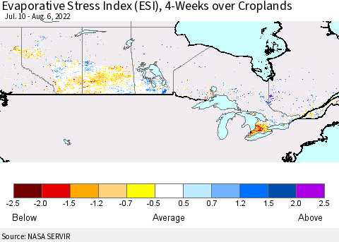 Canada Evaporative Stress Index (ESI), 4-Weeks over Croplands Thematic Map For 8/1/2022 - 8/7/2022