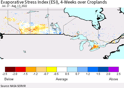 Canada Evaporative Stress Index (ESI), 4-Weeks over Croplands Thematic Map For 8/8/2022 - 8/14/2022