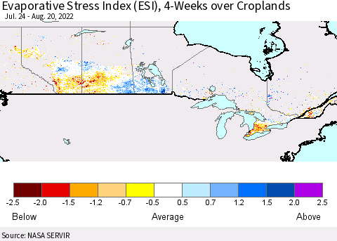 Canada Evaporative Stress Index (ESI), 4-Weeks over Croplands Thematic Map For 8/15/2022 - 8/21/2022
