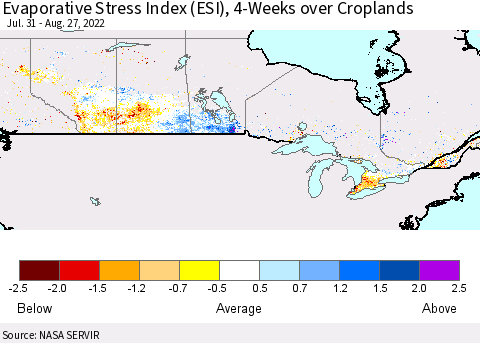 Canada Evaporative Stress Index (ESI), 4-Weeks over Croplands Thematic Map For 8/22/2022 - 8/28/2022