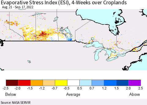 Canada Evaporative Stress Index (ESI), 4-Weeks over Croplands Thematic Map For 9/12/2022 - 9/18/2022
