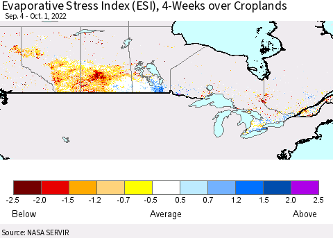 Canada Evaporative Stress Index (ESI), 4-Weeks over Croplands Thematic Map For 9/26/2022 - 10/2/2022