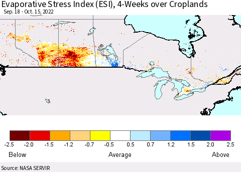 Canada Evaporative Stress Index (ESI), 4-Weeks over Croplands Thematic Map For 10/10/2022 - 10/16/2022