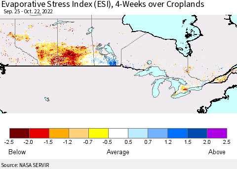Canada Evaporative Stress Index (ESI), 4-Weeks over Croplands Thematic Map For 10/17/2022 - 10/23/2022