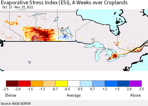Canada Evaporative Stress Index (ESI), 4-Weeks over Croplands Thematic Map For 11/14/2022 - 11/20/2022