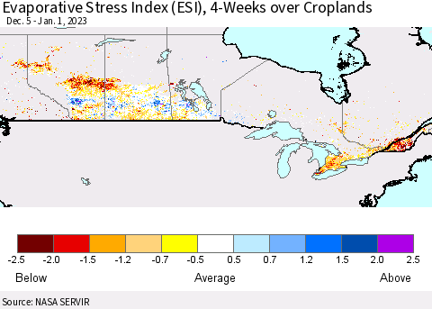 Canada Evaporative Stress Index (ESI), 4-Weeks over Croplands Thematic Map For 12/26/2022 - 1/1/2023