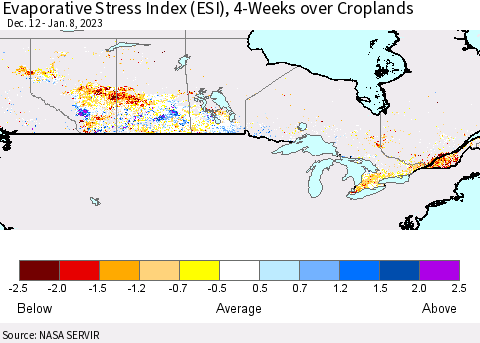 Canada Evaporative Stress Index (ESI), 4-Weeks over Croplands Thematic Map For 1/2/2023 - 1/8/2023