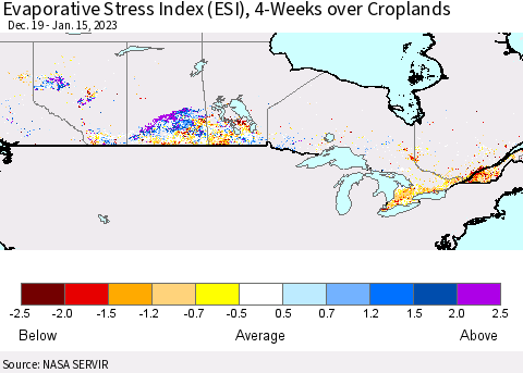 Canada Evaporative Stress Index (ESI), 4-Weeks over Croplands Thematic Map For 1/9/2023 - 1/15/2023