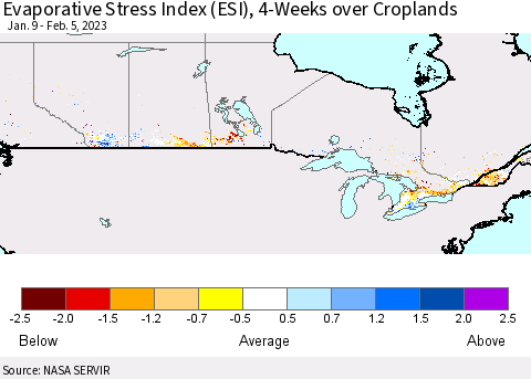 Canada Evaporative Stress Index (ESI), 4-Weeks over Croplands Thematic Map For 1/30/2023 - 2/5/2023