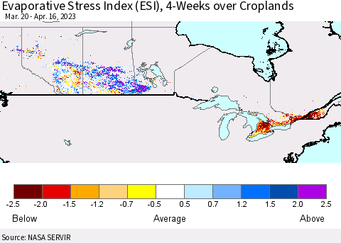 Canada Evaporative Stress Index (ESI), 4-Weeks over Croplands Thematic Map For 4/10/2023 - 4/16/2023