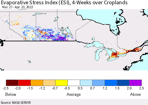 Canada Evaporative Stress Index (ESI), 4-Weeks over Croplands Thematic Map For 4/17/2023 - 4/23/2023