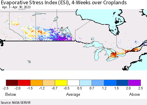 Canada Evaporative Stress Index (ESI), 4-Weeks over Croplands Thematic Map For 4/24/2023 - 4/30/2023