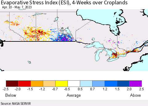 Canada Evaporative Stress Index (ESI), 4-Weeks over Croplands Thematic Map For 5/1/2023 - 5/7/2023
