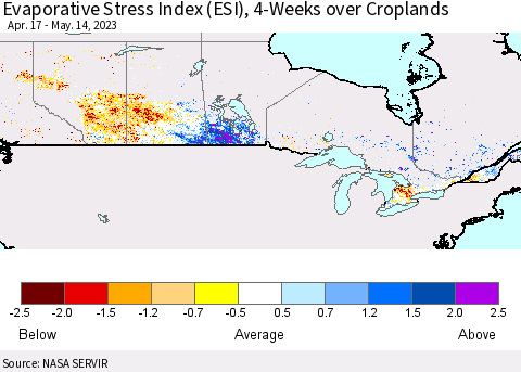 Canada Evaporative Stress Index (ESI), 4-Weeks over Croplands Thematic Map For 5/8/2023 - 5/14/2023