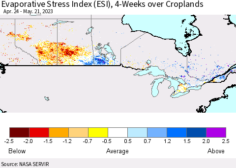 Canada Evaporative Stress Index (ESI), 4-Weeks over Croplands Thematic Map For 5/15/2023 - 5/21/2023