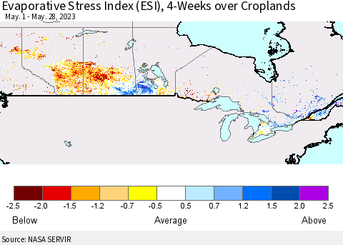 Canada Evaporative Stress Index (ESI), 4-Weeks over Croplands Thematic Map For 5/22/2023 - 5/28/2023