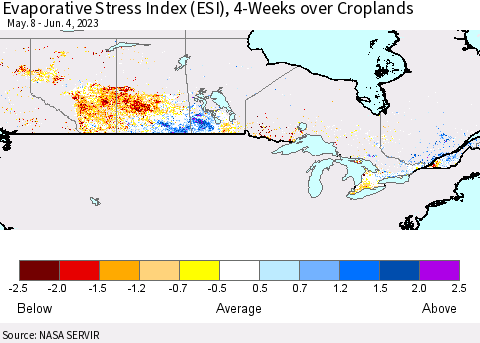 Canada Evaporative Stress Index (ESI), 4-Weeks over Croplands Thematic Map For 5/29/2023 - 6/4/2023