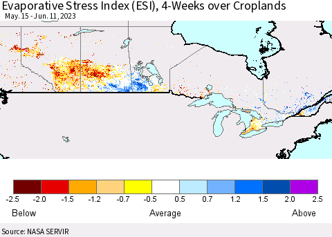 Canada Evaporative Stress Index (ESI), 4-Weeks over Croplands Thematic Map For 6/5/2023 - 6/11/2023