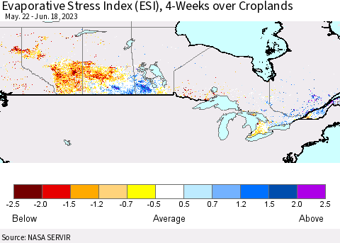 Canada Evaporative Stress Index (ESI), 4-Weeks over Croplands Thematic Map For 6/12/2023 - 6/18/2023