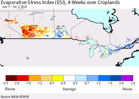 Canada Evaporative Stress Index (ESI), 4-Weeks over Croplands Thematic Map For 6/26/2023 - 7/2/2023