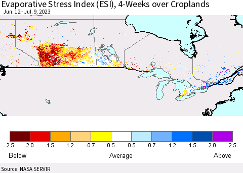 Canada Evaporative Stress Index (ESI), 4-Weeks over Croplands Thematic Map For 7/3/2023 - 7/9/2023