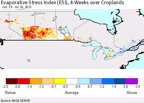 Canada Evaporative Stress Index (ESI), 4-Weeks over Croplands Thematic Map For 7/10/2023 - 7/16/2023