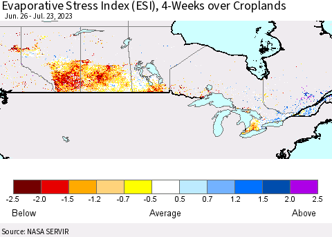 Canada Evaporative Stress Index (ESI), 4-Weeks over Croplands Thematic Map For 7/17/2023 - 7/23/2023