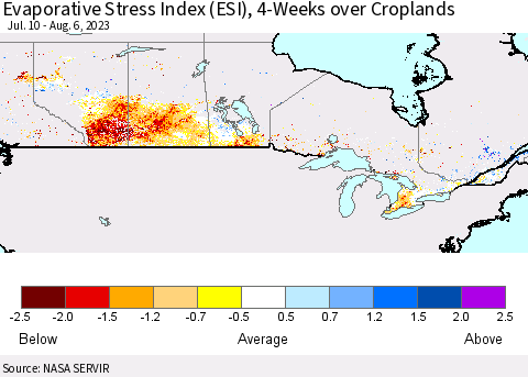 Canada Evaporative Stress Index (ESI), 4-Weeks over Croplands Thematic Map For 7/31/2023 - 8/6/2023