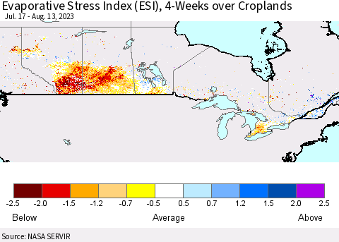 Canada Evaporative Stress Index (ESI), 4-Weeks over Croplands Thematic Map For 8/7/2023 - 8/13/2023