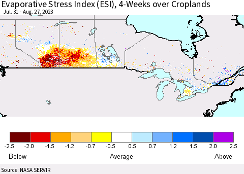 Canada Evaporative Stress Index (ESI), 4-Weeks over Croplands Thematic Map For 8/21/2023 - 8/27/2023