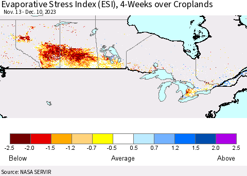 Canada Evaporative Stress Index (ESI), 4-Weeks over Croplands Thematic Map For 12/4/2023 - 12/10/2023