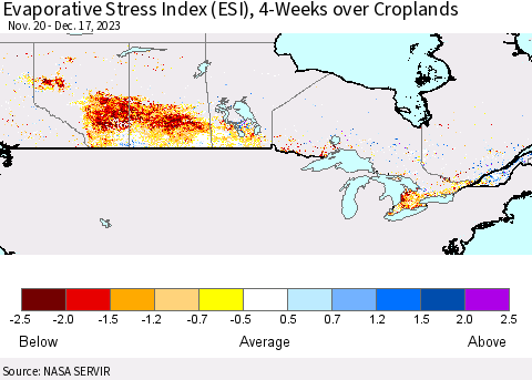 Canada Evaporative Stress Index (ESI), 4-Weeks over Croplands Thematic Map For 12/11/2023 - 12/17/2023