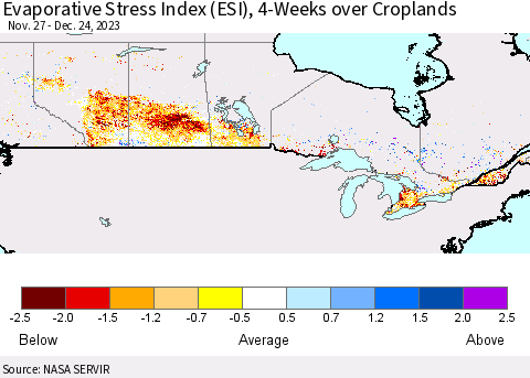 Canada Evaporative Stress Index (ESI), 4-Weeks over Croplands Thematic Map For 12/18/2023 - 12/24/2023
