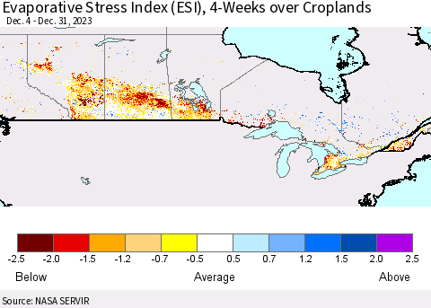 Canada Evaporative Stress Index (ESI), 4-Weeks over Croplands Thematic Map For 12/25/2023 - 12/31/2023