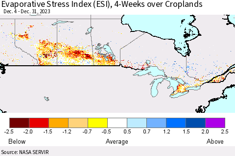 Canada Evaporative Stress Index (ESI), 4-Weeks over Croplands Thematic Map For 1/1/2024 - 1/7/2024