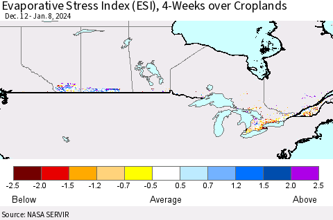 Canada Evaporative Stress Index (ESI), 4-Weeks over Croplands Thematic Map For 1/8/2024 - 1/14/2024