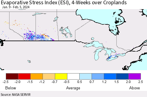 Canada Evaporative Stress Index (ESI), 4-Weeks over Croplands Thematic Map For 2/5/2024 - 2/11/2024