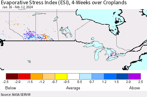 Canada Evaporative Stress Index (ESI), 4-Weeks over Croplands Thematic Map For 2/12/2024 - 2/18/2024