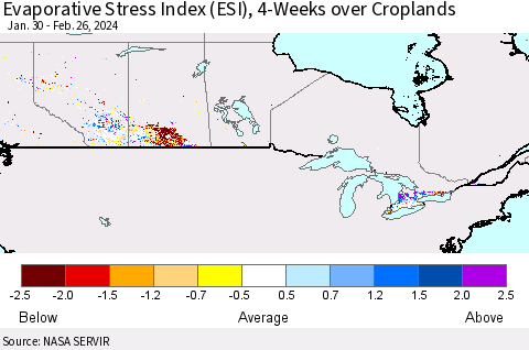 Canada Evaporative Stress Index (ESI), 4-Weeks over Croplands Thematic Map For 2/26/2024 - 3/3/2024