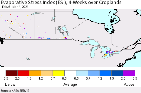 Canada Evaporative Stress Index (ESI), 4-Weeks over Croplands Thematic Map For 3/4/2024 - 3/10/2024