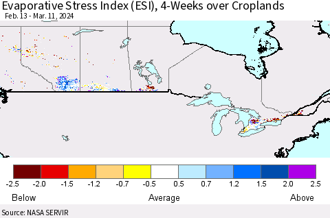 Canada Evaporative Stress Index (ESI), 4-Weeks over Croplands Thematic Map For 3/11/2024 - 3/17/2024