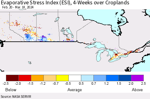 Canada Evaporative Stress Index (ESI), 4-Weeks over Croplands Thematic Map For 3/18/2024 - 3/24/2024